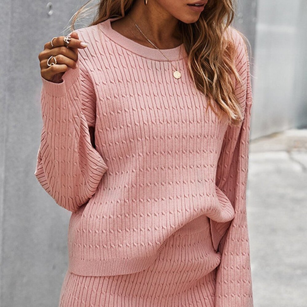 Oneleven Thick Knitted Solid Color Sweater & Skirt Suit Peach SET NWT